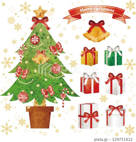 クリスマス　クリスマスツリー　ベル　プレゼント　水彩　手描き　アナログ　飾り　あしらい　イラスト素材 129731812