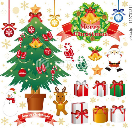 クリスマス　クリスマスツリー　サンタクロース　ベル　リース　プレゼント　飾り　あしらい　イラスト素材 129731814