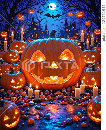 幻想的な光の中、並んだ多数のジャック・オー・ランタンとキャンドル。煌びやかなハロウィンパーティーの夜 129731953