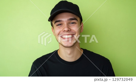 happy young man smiling in black t-shirt and cap 129732049