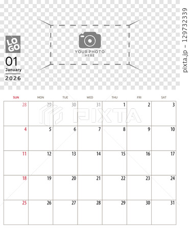 January 2026 Calendar. Week start on Sunday. Desk calendar 2026 design, simple and clean design, Wall calendar for print, digital calendar, Corporate design planner template vector. 129732339