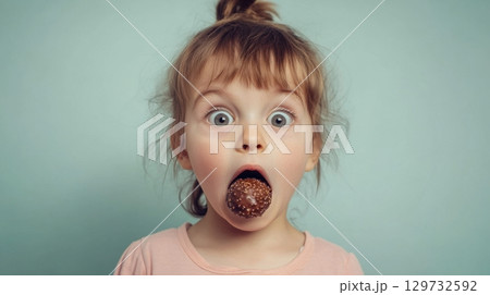 girl with chocolate candy on tongue 129732592