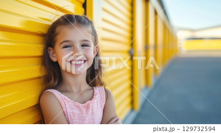 happy girl smiling against yellow wall 129732594