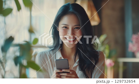 happy woman using smartphone in cafe happy woman using smartphone in cafe 129732654