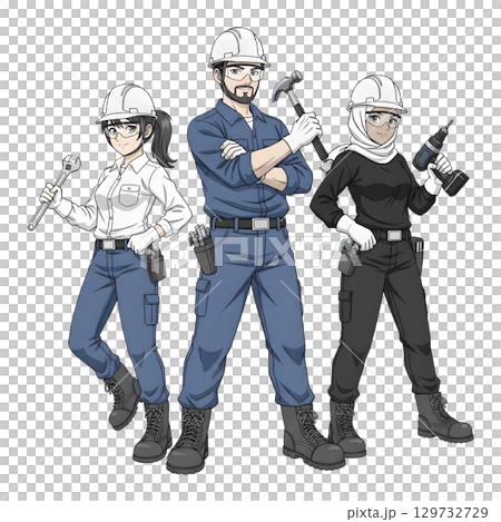 Builders dressed in protective vests and helmets. Construction worker character. Cartoon illustration. 129732729