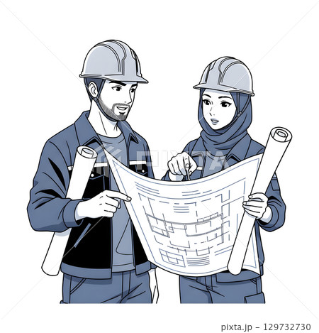 Builders dressed in protective vests and helmets. Construction worker character. Cartoon illustration. Builders dressed in protective vests and helmets. Construction worker character. Cartoon illustration. 129732730