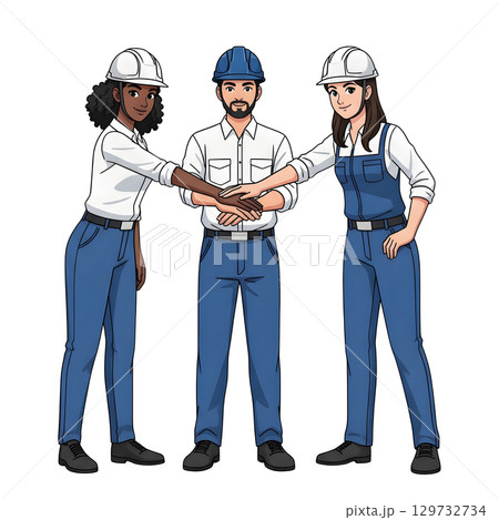Builders dressed in protective vests and helmets. Construction worker character. Cartoon illustration. 129732734