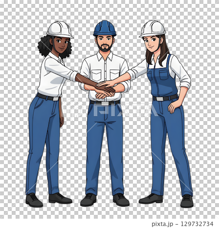 Builders dressed in protective vests and helmets. Construction worker character. Cartoon illustration. 129732734