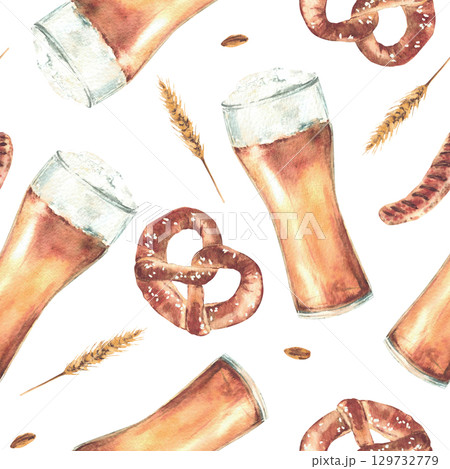 Glass of Beer with pretzel and sausage, ears and grains of malt seamless pattern. Drink and food at Bavarian Oktoberfest festival Watercolor hand drawn illustration for fabric isolated from background 129732779