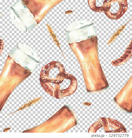 Glass of Beer with pretzel and sausage, ears and grains of malt seamless pattern. Drink and food at Bavarian Oktoberfest festival Watercolor hand drawn illustration for fabric isolated from background 129732779