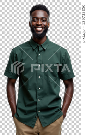 Man Green Shirt. A young Black man with short hair and a beard, wearing a dark green collared shirt, stands Man Green Shirt. A young Black man with short hair and a beard, wearing a dark green collared shirt, stands 129732850
