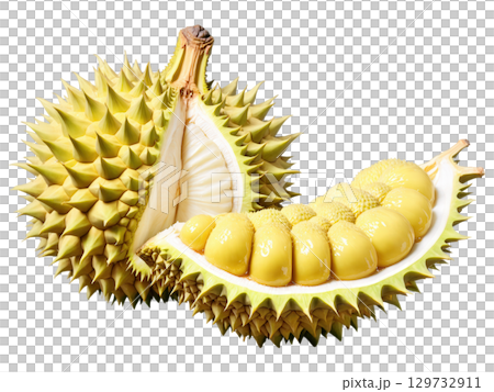 Durian Sliced durian with creamy yellow pulp and juice droplets splashing outward, unique texture on a transparent background. 129732911