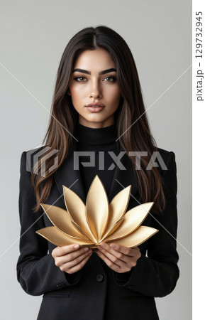 3D Middle Eastern Banker Lotus Chart 3D stylized Middle Eastern female 50 suit holds lotus-shaped graph, isolated , gold-indigo 3D Middle Eastern Banker Lotus Chart 3D stylized Middle Eastern female 50 suit holds lotus-shaped graph, isolated , gold-indigo 129732945
