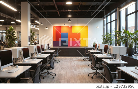 Modern coworking space with minimalist desks, ergonomic chairs, and abstract art on the walls. Task lighting focuses on each desk, while overhead pendant 129732956