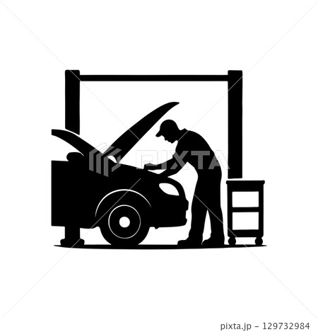 mechanic working on car silhouette on white background auto repair garage scene 129732984
