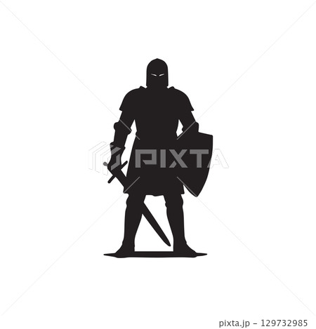 medieval knight silhouette warrior in armor with sword and shield standing strong heroic fantasy concept isolated on white background 129732985