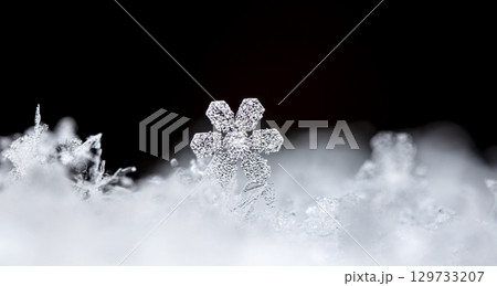Macro snowflakes showing intricate winter details on dark background 129733207