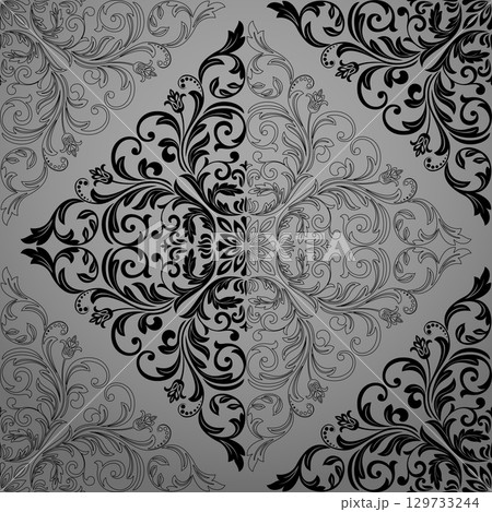 Floral pattern. Seamless vector background. Vintage wallpaper in the Baroque style. Gray and black ornament for fabric, wallpaper, packaging. Ornate Damask flower illustration 129733244