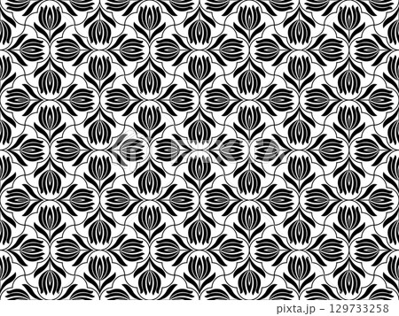 Flower geometric pattern. Seamless vector background. White and black ornament. Ornament for fabric, wallpaper, packaging. Decorative print. Flower geometric pattern. Seamless vector background. White and black ornament. Ornament for fabric, wallpaper, packaging. Decorative print. 129733258