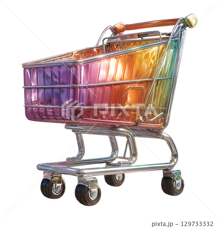 Colorful shopping cart with shiny metallic frame and vibrant rainbow hues, symbolizing joy and excitement in shopping experiences 129733332