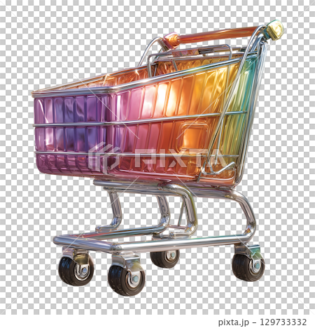 Colorful shopping cart with shiny metallic frame and vibrant rainbow hues, symbolizing joy and excitement in shopping experiences 129733332