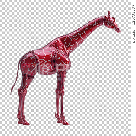 Glossy giraffe robot stands tall, showcasing its intricate design and vibrant red color, blending technology with nature elegance 129733337