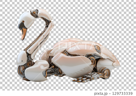 Glossy swan robot with intricate mechanical details, showcasing blend of elegance and technology. This futuristic design captivates with its sleek 129733339