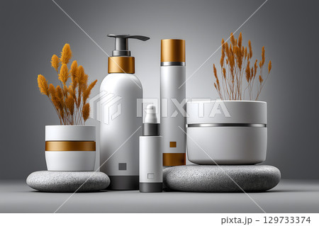 Elegant skincare products displayed with stylish packaging and decorative elements, creating luxurious atmosphere Elegant skincare products displayed with stylish packaging and decorative elements, creating luxurious atmosphere 129733374