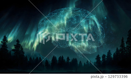 Digital brain illuminated by northern lights, surrounded by dark forest landscape, evokes sense of wonder and intelligence 129733396