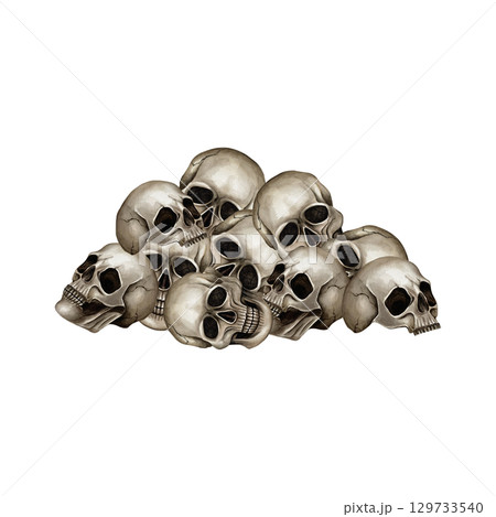 Pile of human skulls. Watercolor illustration isolated from background. Hand drawn art in Gothic style, metalhead. Bones for textile, packaging, t-shirt and print product on Halloween, moto style Pile of human skulls. Watercolor illustration isolated from background. Hand drawn art in Gothic style, metalhead. Bones for textile, packaging, t-shirt and print product on Halloween, moto style 129733540
