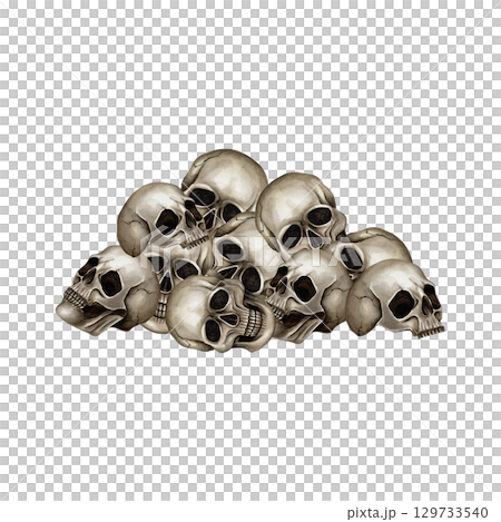 Pile of human skulls. Watercolor illustration isolated from background. Hand drawn art in Gothic style, metalhead. Bones for textile, packaging, t-shirt and print product on Halloween, moto style 129733540