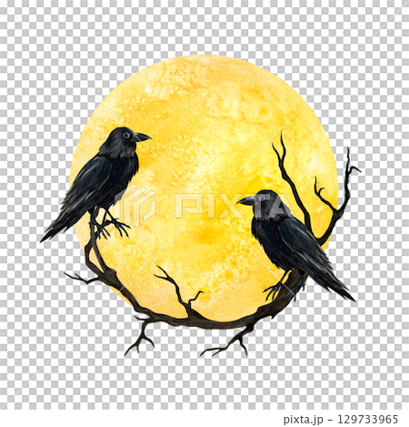 Yellow full moon with black crows on dry branch. Watercolor illustration isolated from background. Hand drawn Gothic style, Esoteric, Friday the 13th for poster, postcard template, textile 129733965
