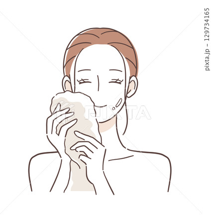 洗顔後にタオルで顔を拭く女性のイラスト素材 洗顔後にタオルで顔を拭く女性のイラスト素材 129734165