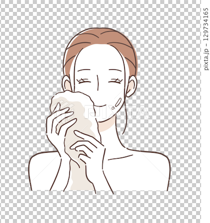 Illustration material of a woman wiping her face with a towel after washing her face 129734165