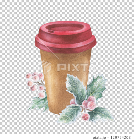 Paper coffee cup with Christmas plants. Watercolor illustration of a holly plant and drink. Hand drawn vintage sketch on white isolated background. Water color painting art image for cards and prints 129734208