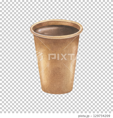 Paper coffee to go cup without lid. Watercolor illustration of a craft tea or hot chocolate mug. Hand drawn vintage sketch on white isolated background. Water color painting art image 129734209