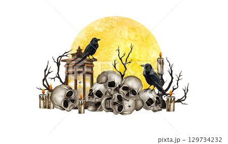 Human skulls, black ravens, lantern, dry branches, candelabrum with burning candle and yellow full moon. Watercolor illustration isolated from background. Gothic style for Halloween, Day of the Dead 129734232