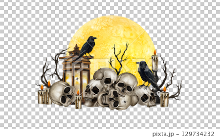 Human skulls, black ravens, lantern, dry branches, candelabrum with burning candle and yellow full moon. Watercolor illustration isolated from background. Gothic style for Halloween, Day of the Dead 129734232