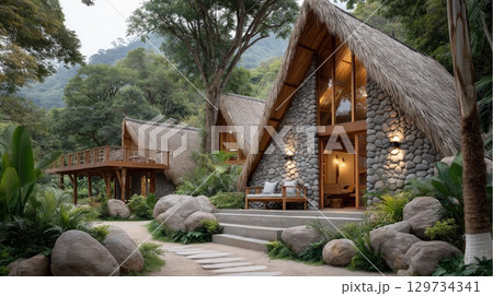 Rustic stone cabins with thatched roofs surrounded by lush tropical forest. Rustic stone cabins with thatched roofs surrounded by lush tropical forest. 129734341
