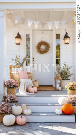 Charming autumn porch with decorated steps and seasonal decorations. 129734527