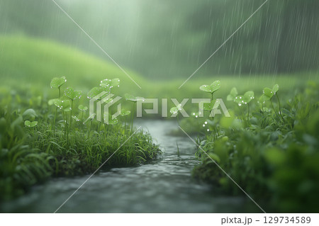 小川のほとりに並ぶ若葉と雨粒がきらめく癒しの緑の風景 129734589