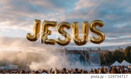 Large golden jesus balloons hovering over outdoor crowd at festival. 129734717