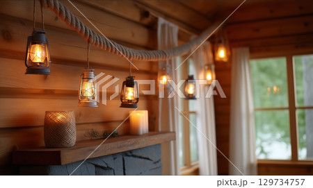 Cozy cabin interior with warm lantern lighting in rustic wooden setting. 129734757