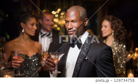 Elegant african male in tuxedo holding cocktail at formal evening event with diverse group. 129734758