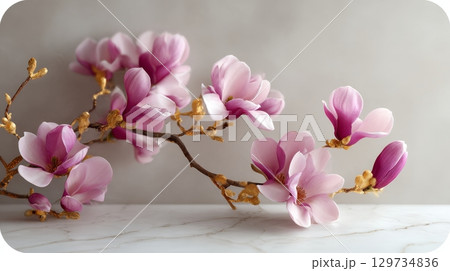 Elegant pink magnolia blossoms on delicate branches against a soft background. 129734836