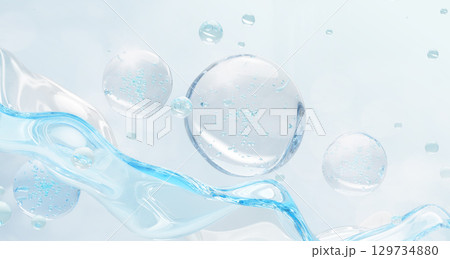 Water gel cream texture 3d background. Blue liquid wave and oil drops with bubbles. Moisture aqua serum, hyaluronic acid or glycerin. Cosmetic beauty product, hydration for skin care. 3D illustration 129734880