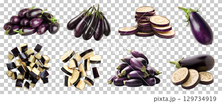 Eggplant aubergine brinjal baigan fruit vegetable, many angles and view side top front group slice cut isolated on transparent background cutout, PNG file. Mockup template for artwork graphic design Eggplant aubergine brinjal baigan fruit vegetable, many angles and view side top front group slice cut isolated on transparent background cutout, PNG file. Mockup template for artwork graphic design 129734919