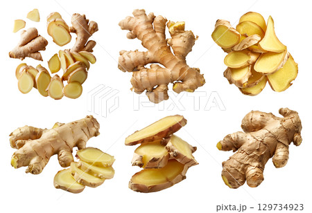 Ginger root vegetable herb, many angles and view side top front cluster pile slice isolated on transparent background cutout, PNG file. Mockup template for artwork graphic design 129734923