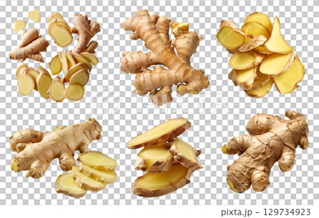 Ginger root vegetable herb, many angles and view side top front cluster pile slice isolated on transparent background cutout, PNG file. Mockup template for artwork graphic design 129734923
