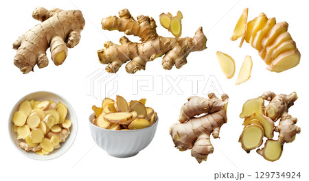 Ginger root vegetable herb, many angles and view side top front cluster pile slice isolated on transparent background cutout, PNG file. Mockup template for artwork graphic design 129734924